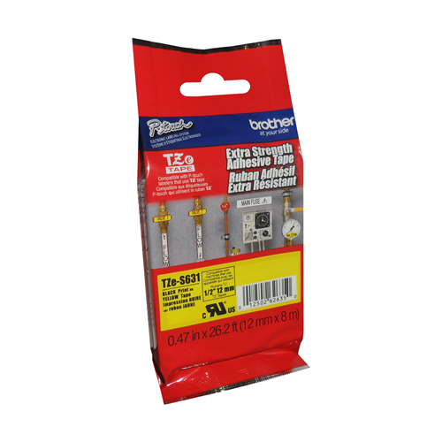 Brother Genuine TZe-S631 Black on Yellow Extra Strength Adhesive Tape for P-touch Label Makers, 12 mm wide x 8 m long