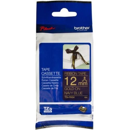 Brother Genuine TZERN34 Decorative Gold on Navy Blue Satin Ribbon for P-touch Label Makers, 12 mm wide x 4 m long