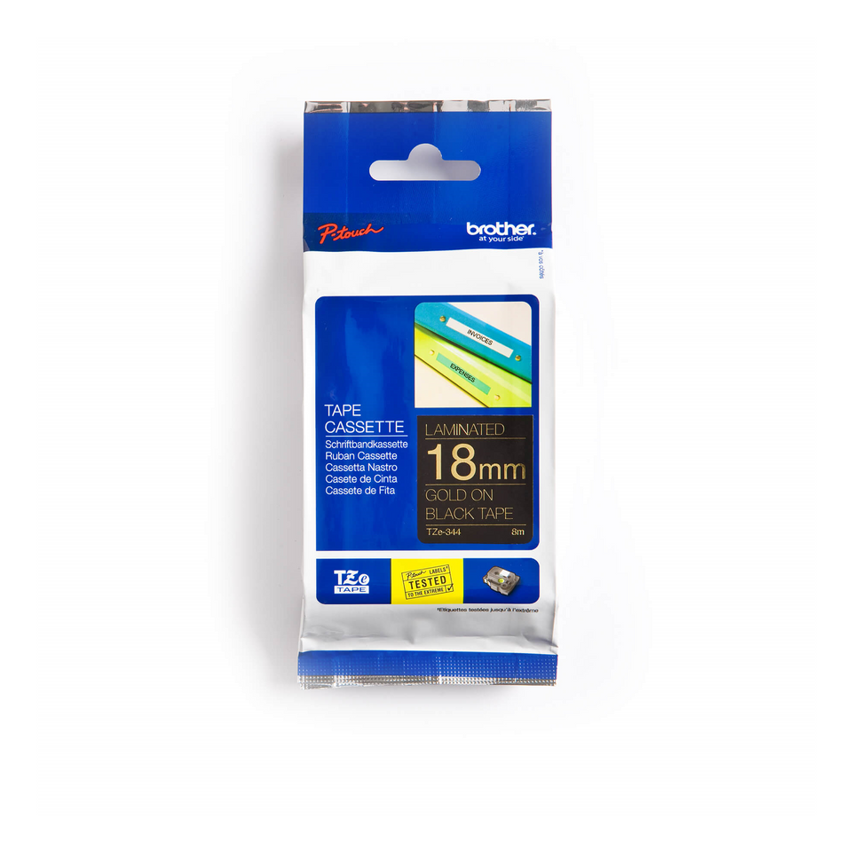 Brother Genuine TZe344 Gold on Black Laminated Tape for P-touch Label Makers, 18 mm wide x 8 m long