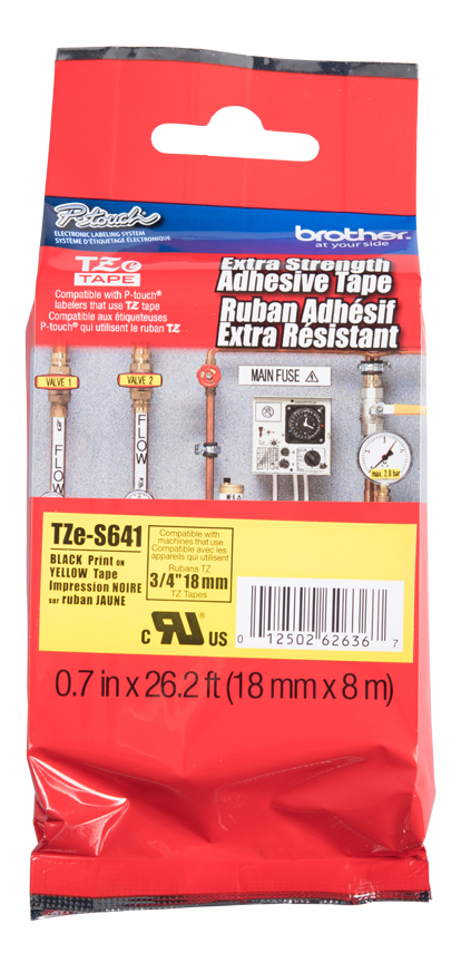 Brother Genuine TZe-S641 Black on Yellow Extra Strength Adhesive Tape for P-touch Label Makers, 18 mm wide x 8 m long