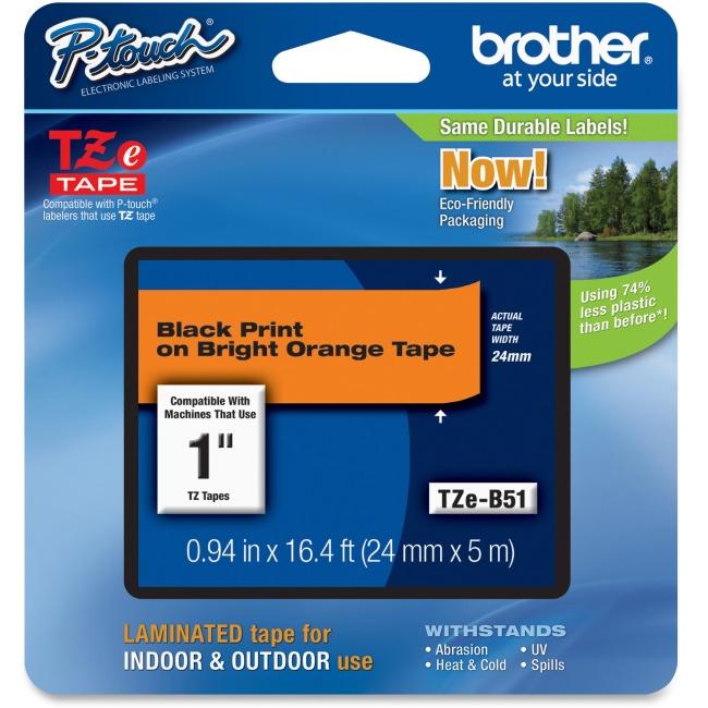Brother Genuine TZeB51 Black on Fluorescent Orange Laminated Tape for P-touch Label Makers, 24 mm wide x 8 m long