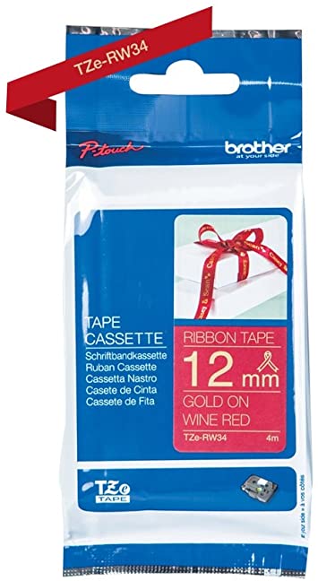 Brother Genuine TZERW34 Decorative Gold on Wine Red Satin Ribbon for P-touch Label Makers, 12 mm wide x 4 m long