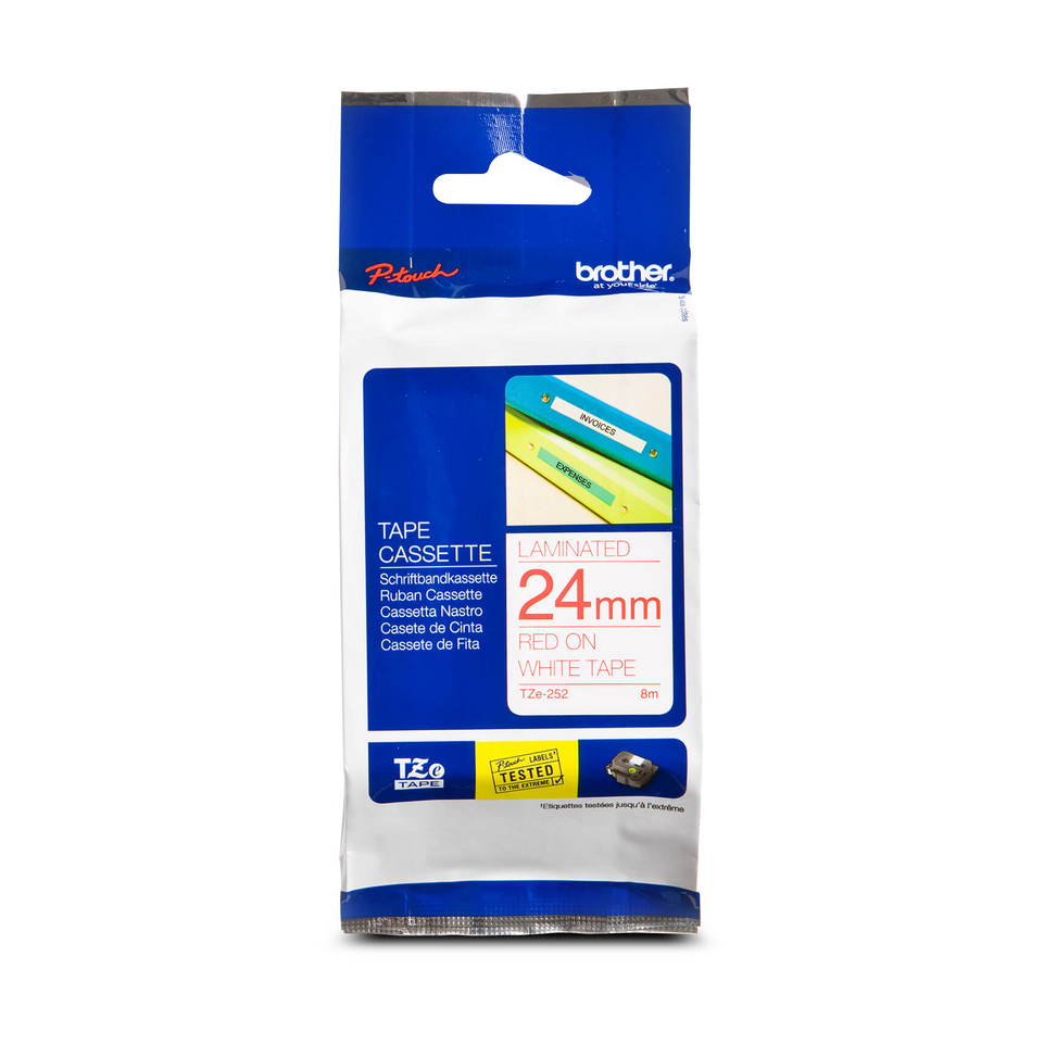 Brother Genuine TZe252 Red on White Laminated Tape for P-touch Label Makers, 24 mm wide x 8 m long