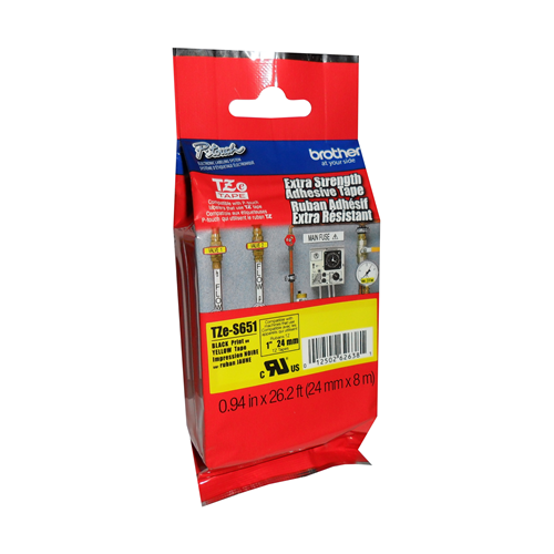 Brother Genuine TZe-S651 Black on Yellow Extra Strength Adhesive Tape for P-touch Label Makers, 24 mm wide x 8 m long