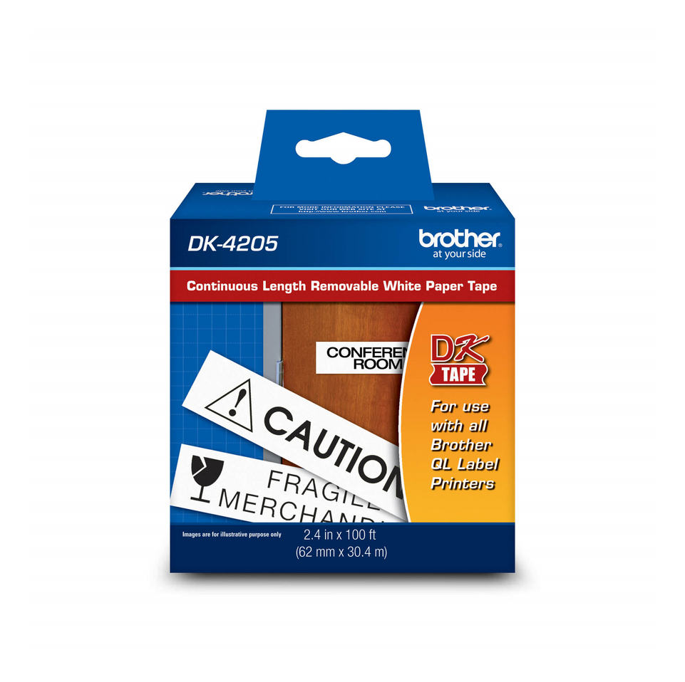 Brother DK-4205 Black/White Removable Continuous Length Paper Tape 2.4" x 100' (62 mm x 30.4 m)