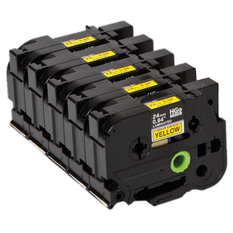 Brother HGE6515 Pack Black on Yellow HGe 24 mm Tape with Standard Adhesive, 8 m   5-pack