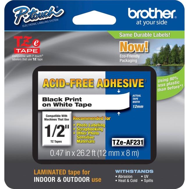 Brother TZEAF231 Black on White Acid Free 12 mm Tape, 8 m
