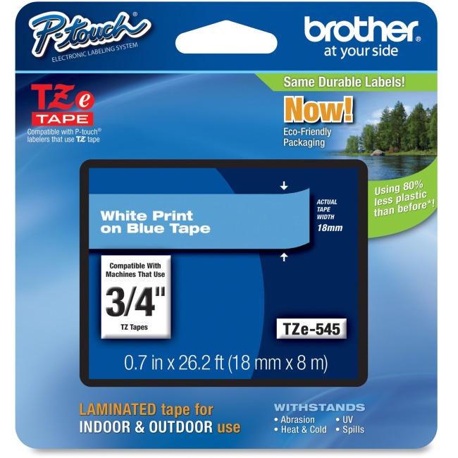 Brother Genuine TZe545 White on Blue Laminated Tape for P-touch Label Makers, 18 mm wide x 8 m long