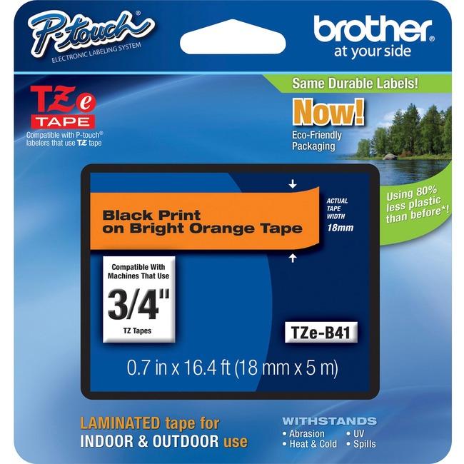 Brother Genuine TZeB41 Black on Fluorescent Orange Laminated Tape for P-touch Label Makers, 18 mm wide x 5 m long