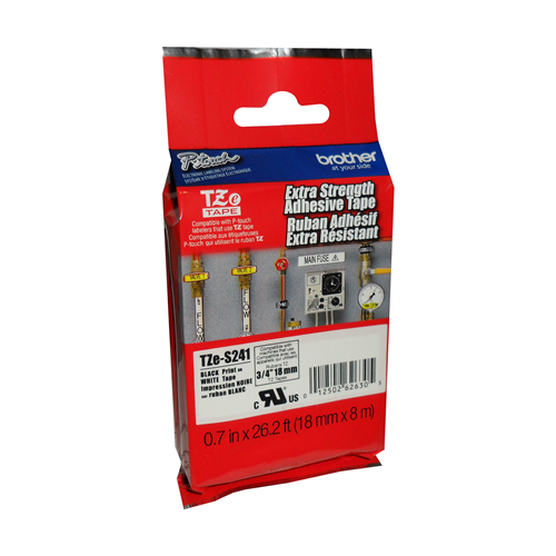 Brother Genuine TZe-S241 Black on White Extra Strength Adhesive Tape for P-touch Label Makers, 18 mm wide x 8 m long