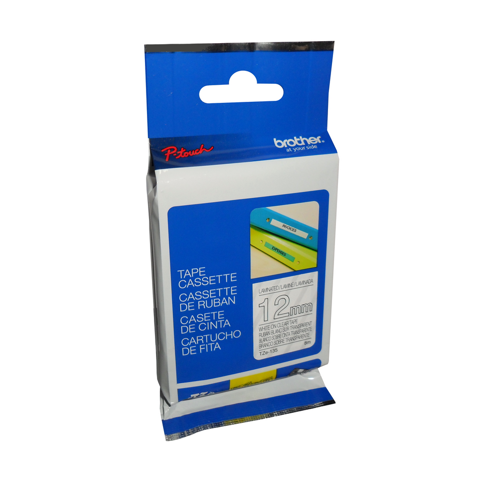 Brother Genuine TZe135 White on Clear Laminated Tape for P-touch Label Makers, 12 mm wide x 8 m long