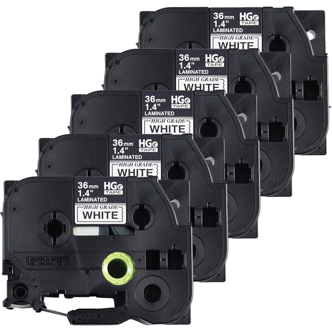 Brother HGE2615 Pack Black on White HGe 36mm Tape with Standard Adhesive, 8 m   5-pack