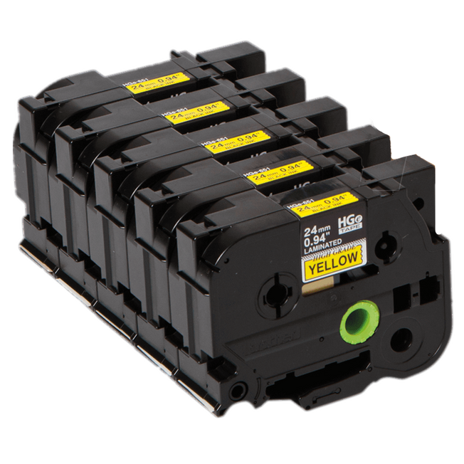 Brother HGE6515 Pack Black on Yellow HGe 24 mm Tape with Standard Adhesive, 8 m   5-pack