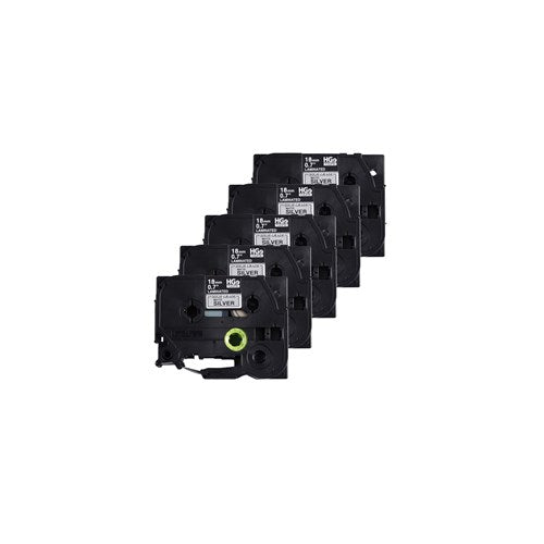 Brother HGEM9415 Pack Black on Matte Silver HGe 18 mm Tape with Standard Adhesive, 8 m   5-pack